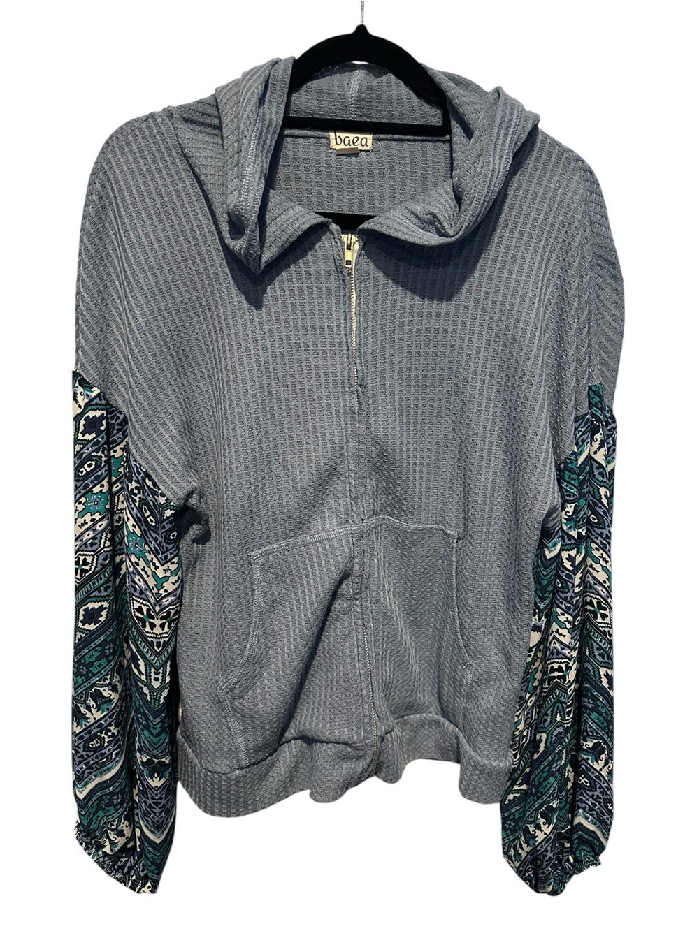 Baea Boho Blue Waffle Knit Hooded Zip Sweatshirt with Silky Printed Sleeves